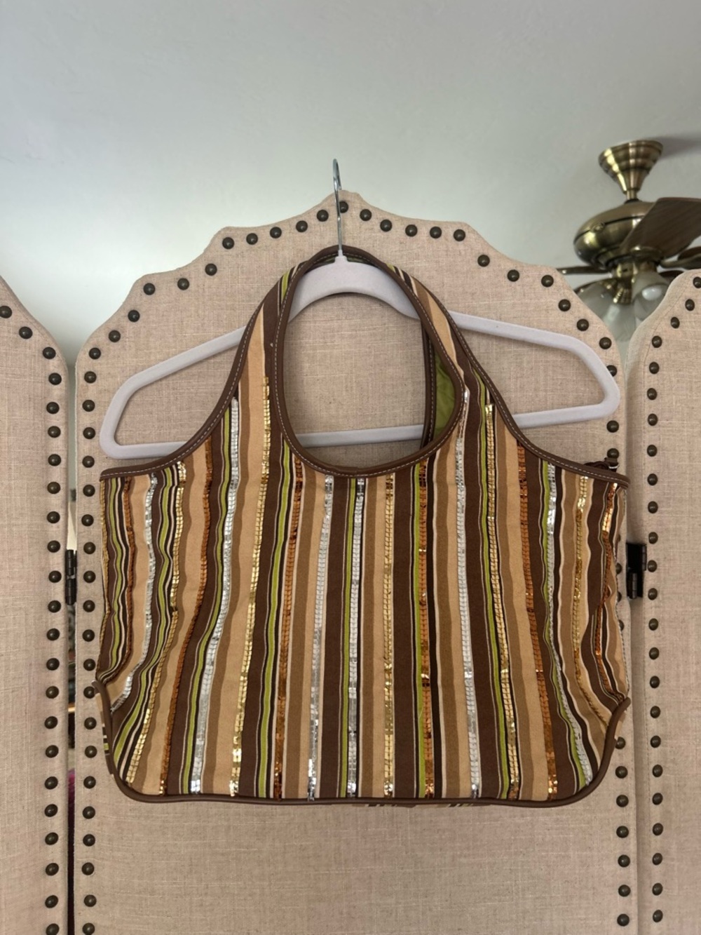 Vintage Y2K Striped Sequin Shoulder Bag Brown Tan Green Boho Tote